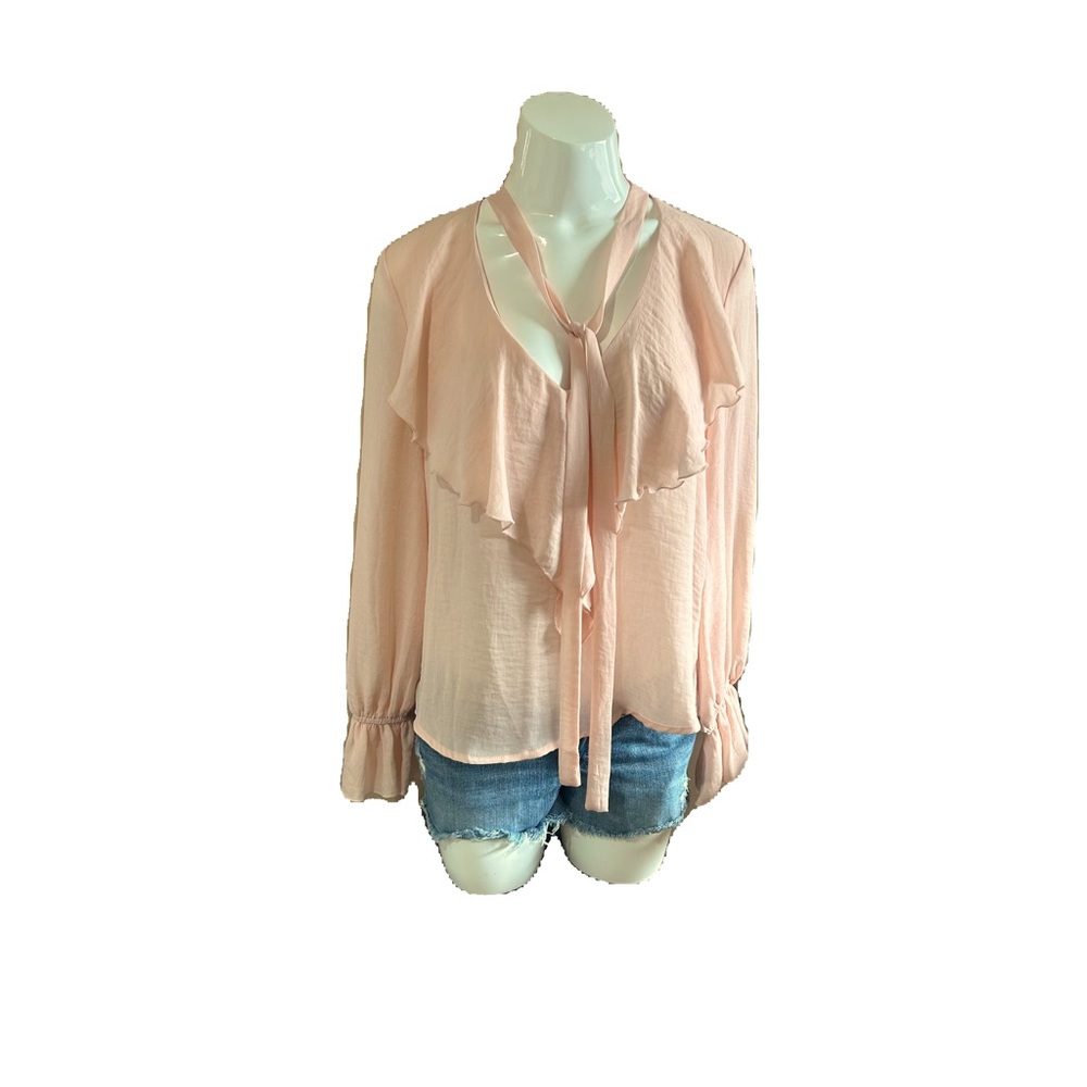 LUCY PARIS RUFFLED LONG SLEEVES CHIFFON NECK TIE IN LIGHT PEACH COLOUR SIZE S
